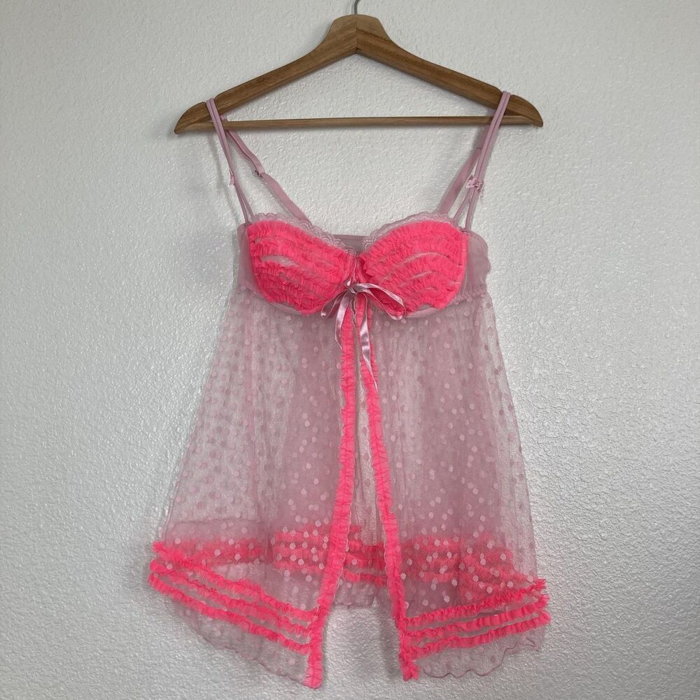 Sexy Little Things Babydoll Nightgown Womens 34C Pink Mesh Polka Dot Ruffle